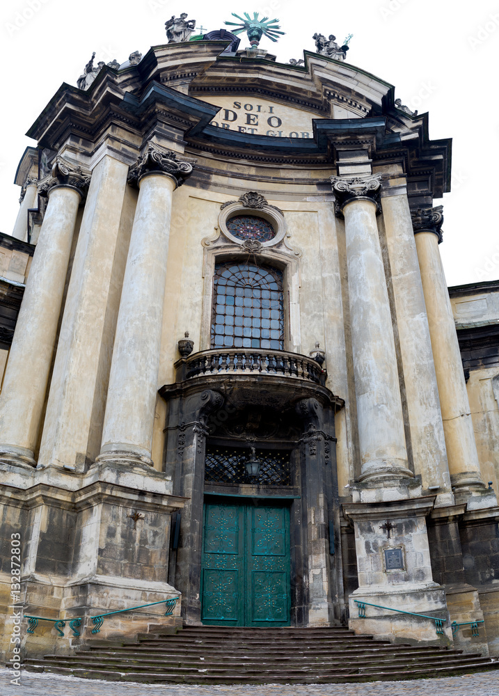 Ancient monument - facade of medieval church in Lviv Ukraine