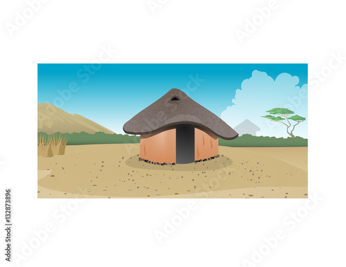 cartoon vector illustration of an African hut village