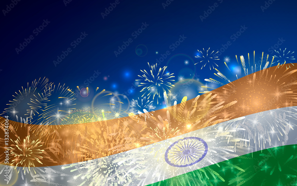 India background in tricolor and Ashoka Chakra with festive fireworks ...