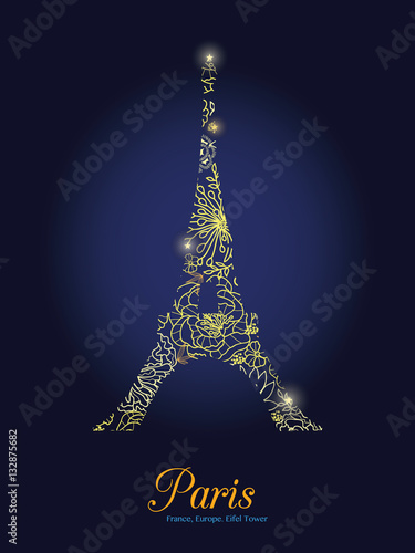 Vector Golden Floral Lace Glowing Eiffel Tower Surrounded By Flowers in Paris...