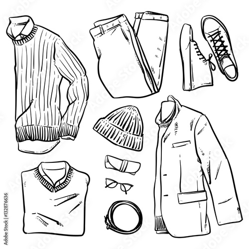 Hand drawn vector clothing and accessories. Men fashion wear. Ca