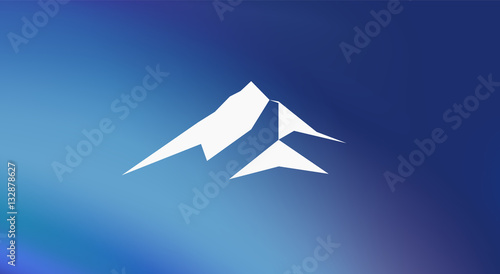Snow mountains peak (Everest) logo. Much triangles. Blue background. Can be used as sports badge, emblem of mineral water, tourism banner, travel icon, sign, decor...