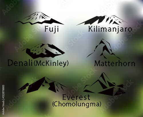  Blurred background with set of five mountains peaks of world. Matterhorn. Kilimanjaro. Fuji. Denali. Everest.