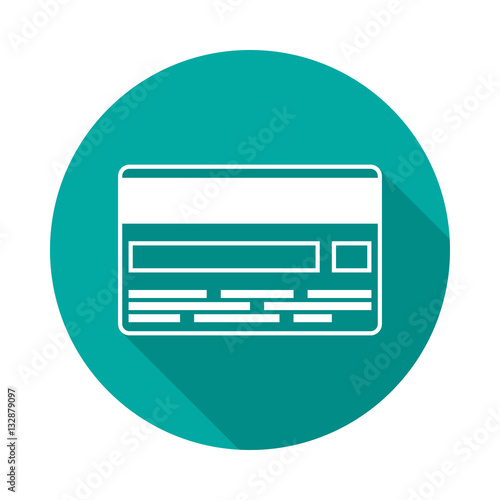 Credit card round icon with long shadow. Flat design style. Credit card simple silhouette. Modern circle icon in stylish colors. Web site page and mobile app design vector element.