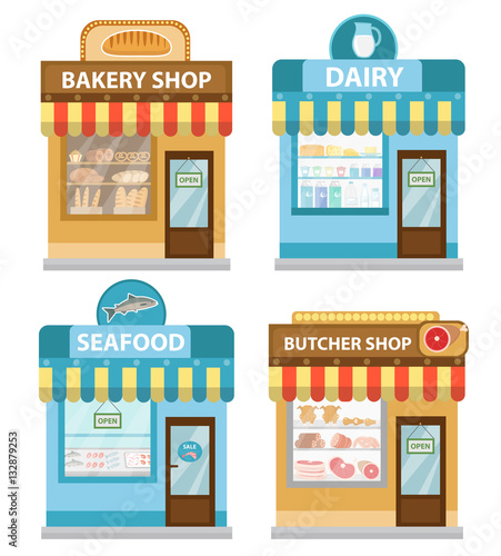 Stores building set, flat style. Shop collection isolated on white background. Fish products, meat, dairy, bakery. Vector illustration, clip art