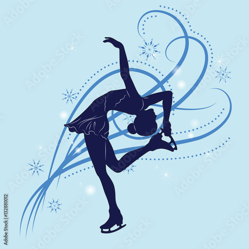 Silhouette of the figure skater against the background of blue p