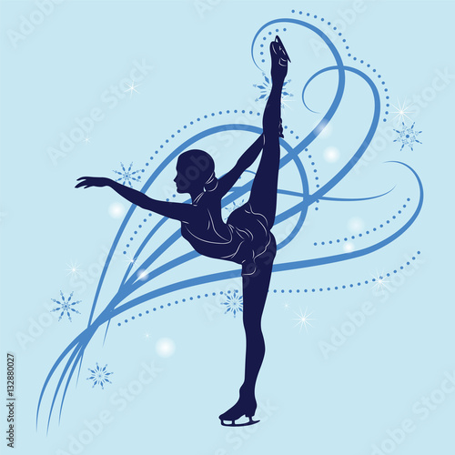 Silhouette of the figure skater against the background of blue p
