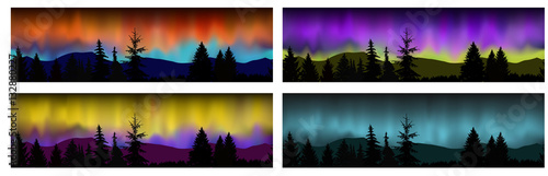 Set of four vector seamless landscapes. Silhouette of mountains, coniferous trees on the background of colorful sky. Northern lights.