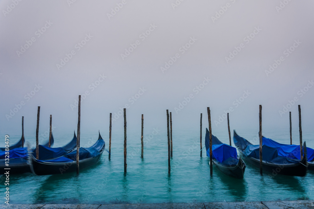 Foggy Daybreak in Venice, with Gondolas