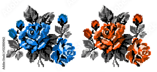 Two color bouquets of flowers (roses) in blue, orange and grey tones using traditional Ukrainian embroidery elements.  Can be used as pixel-art, card, emblem, icon.