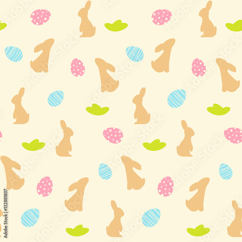 Vector seamless pattern with silhouette bunny and colorful eggs. Easter holiday simple  background for printing on fabric, paper for scrapbooking, gift wrap and wallpapers.