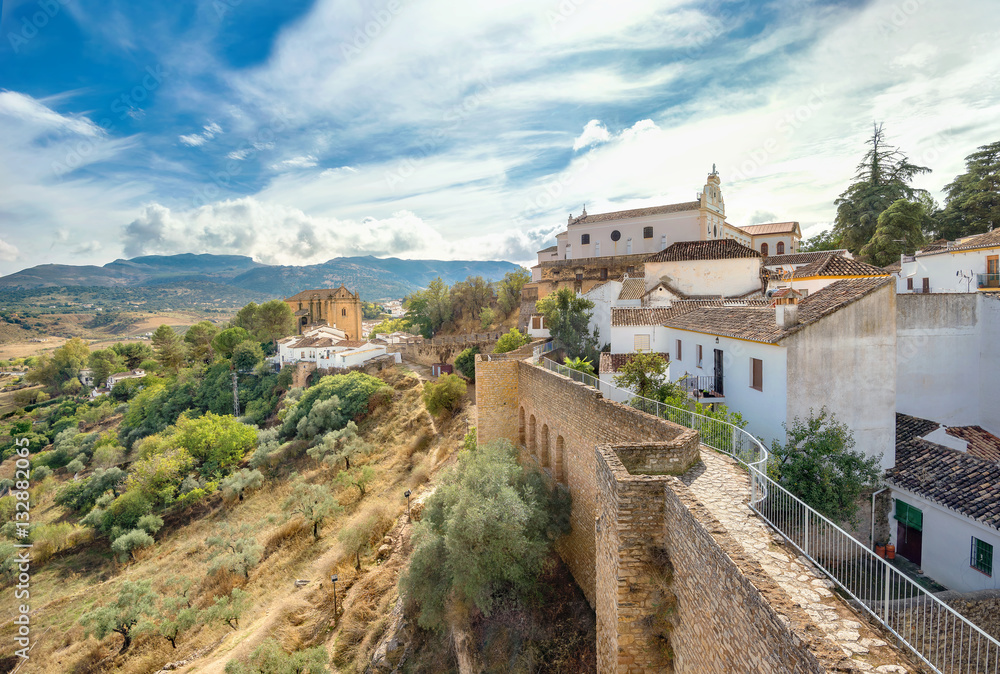View of valley and old church in Ronda. Andalusia, Spain