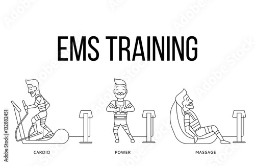 Ems workout stages. Electric muscular stimulating fitness vector illustration