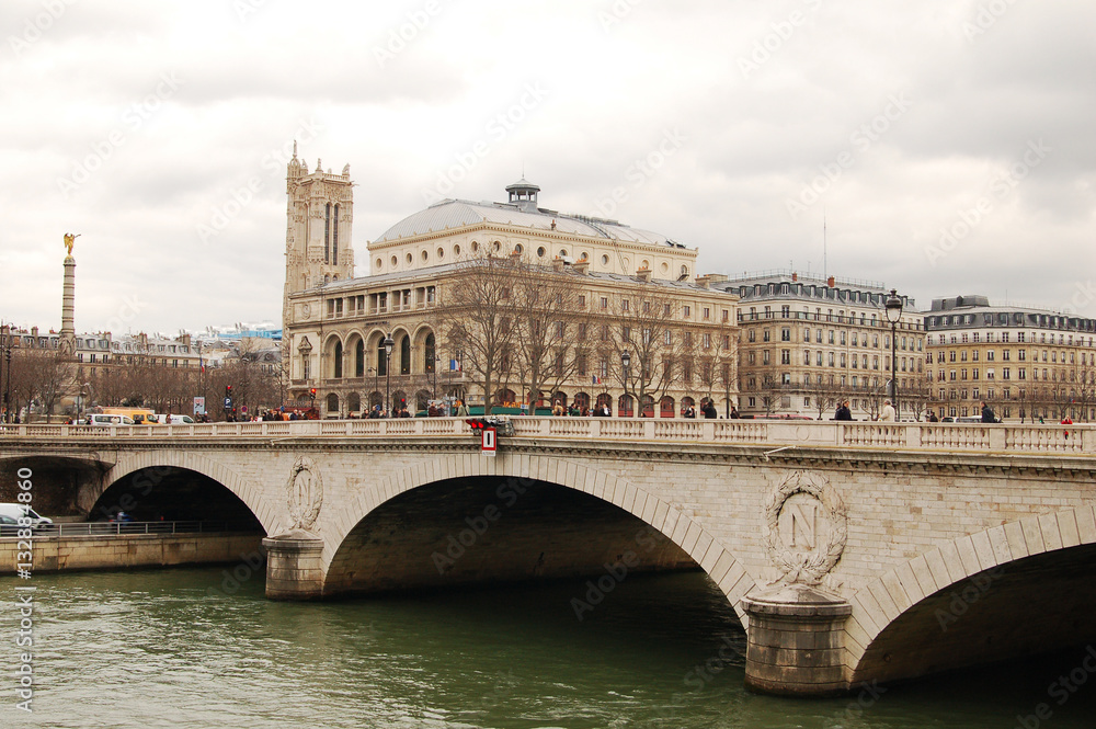 Naklejka premium Seine River. Paris, city life. Ships on the Seine. Bridges.