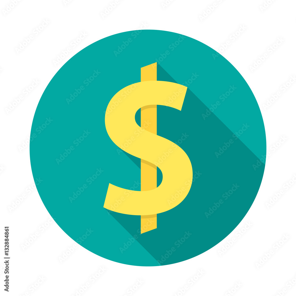 American dollar circle icon with long shadow. Flat design style. Dollar simple silhouette. Modern round icon in stylish colors. Web site page and mobile app design vector element.