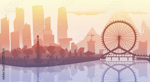 Sunset cityscape.  illustration.Outline City Skyscrapers. Business and tourism concept with .