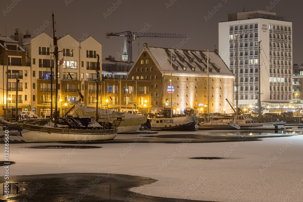 Gdansk old town frozen river at winter