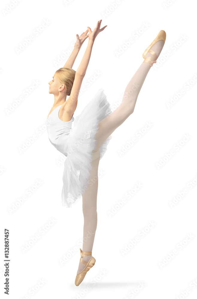 Fototapeta premium Young beautiful ballerina dancer posing on light background