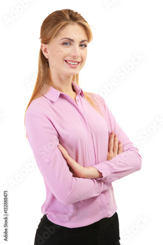 Young teacher on white back...