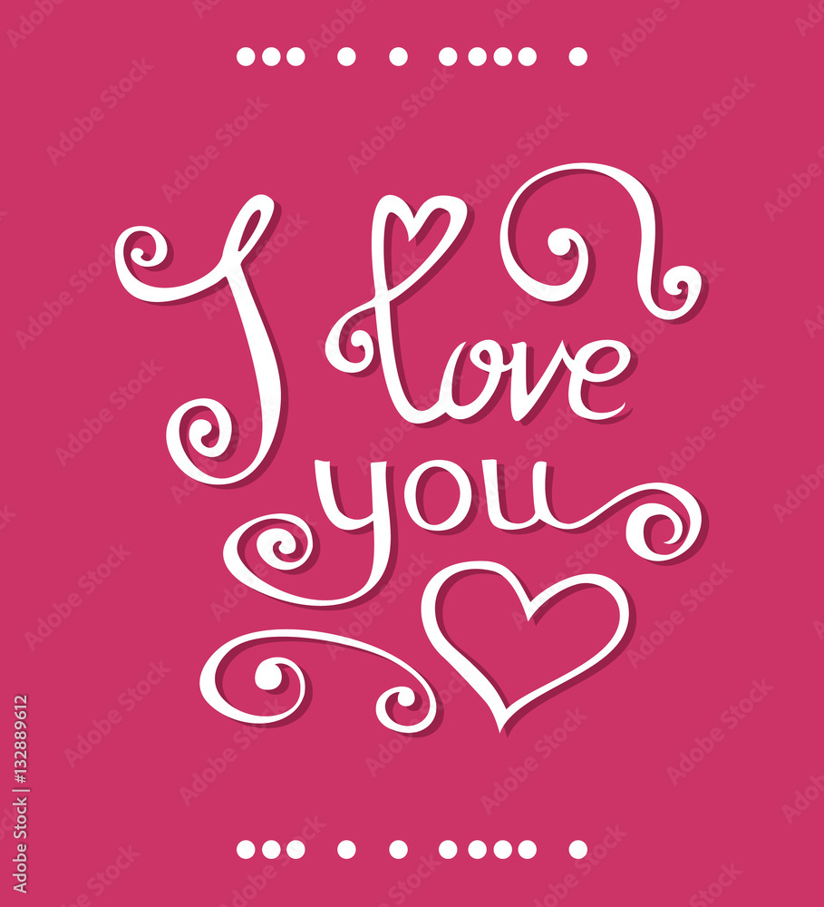 Happy Valentines Day doodle template for your greeting card. I love you Lettering design isolated on pink background. Vector illustration