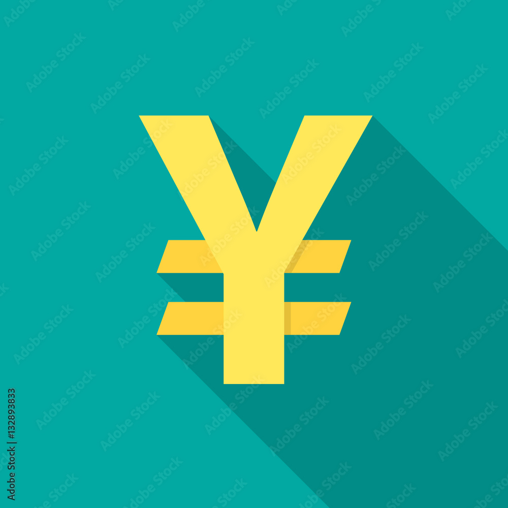 Obraz premium Japanese yen icon with long shadow. Flat design style. Japanese yen simple silhouette. Modern flat icon in stylish colors. Web site page and mobile app design vector element.