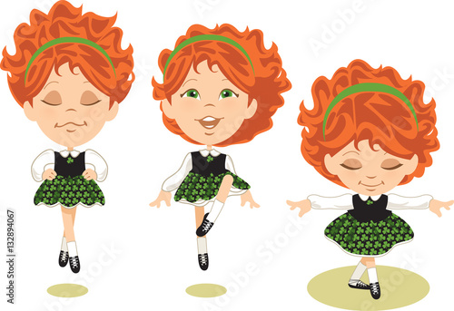 Young red-haired Irish dancer performs traditional jig.