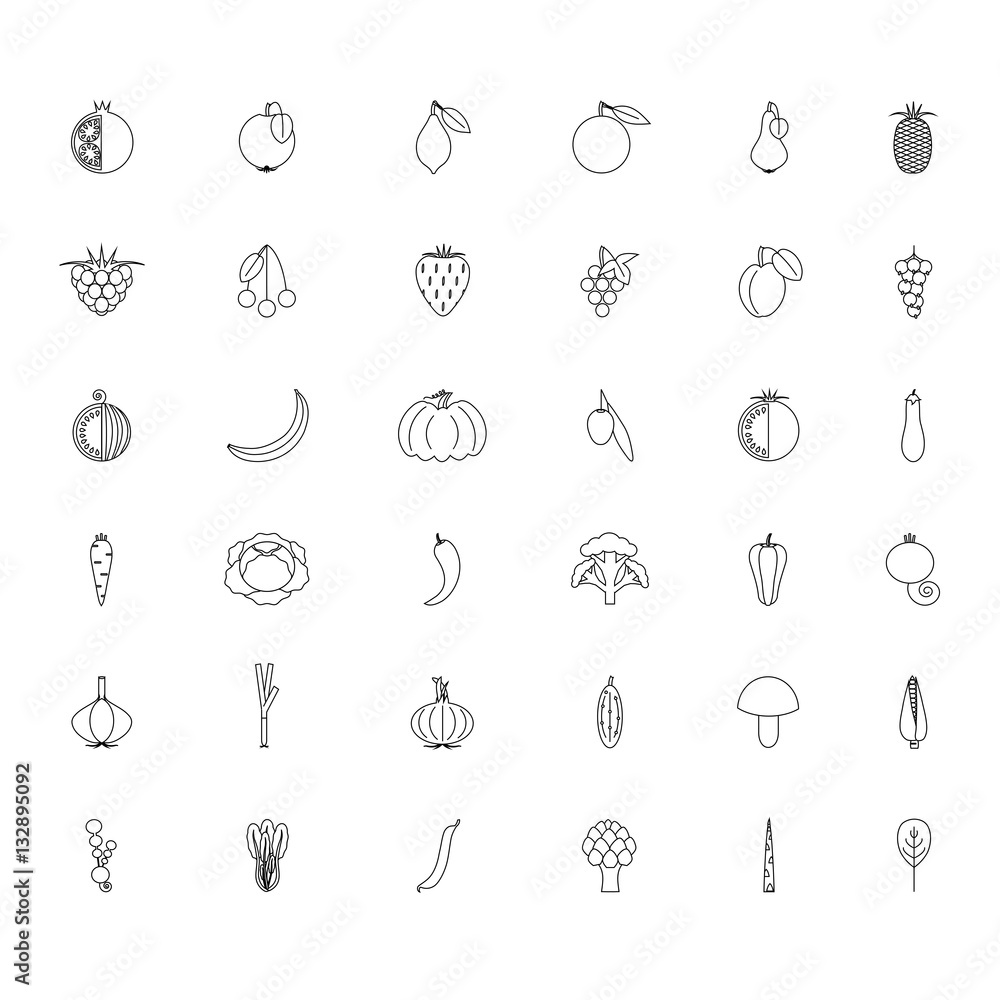 Black and white set fruits and vegetables line hand drawn icons, stock vector illustration Black and white set fruits and vegetables line hand drawn icons, stock vector illustration