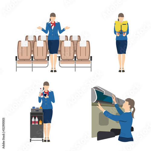 Stewardess serves passengers on the airplane. Attendant woman in
