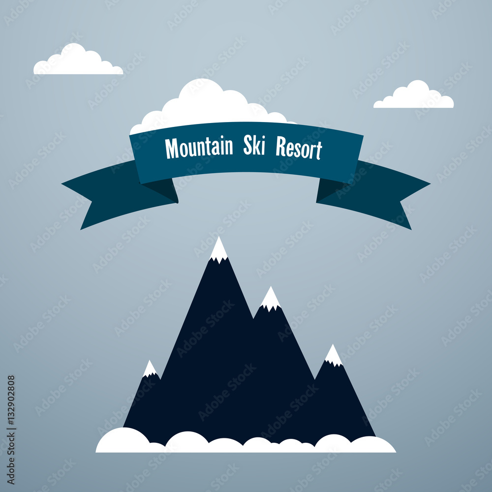 Mountain ski resort Poster template Snowcovered mountain, clouds and banner with inscription