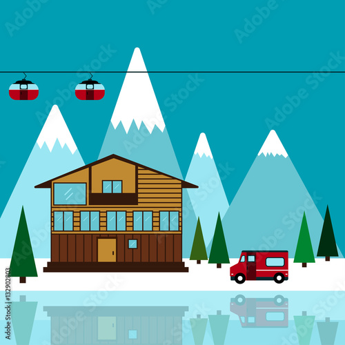 Mountain ski resort Vector illustration Landscape ski resort Chalet on the lake, among the mountains and pine trees Flat design
