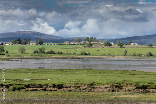 Fotografie Cromarty Firth, Scotland - June 3, 2012: Panorama shot of Cromarty Firth at low tide shows green pastures with farm houses and dots of cattle and trees