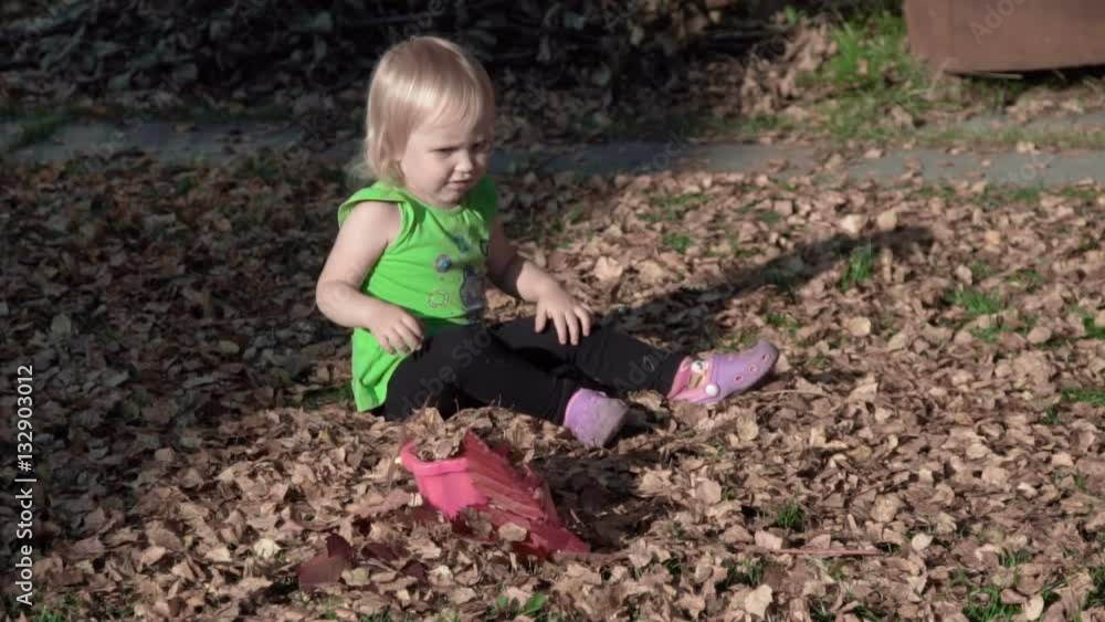 Cute baby girl playing with leaves in autumn Cute baby girl playing with leaves in autumn