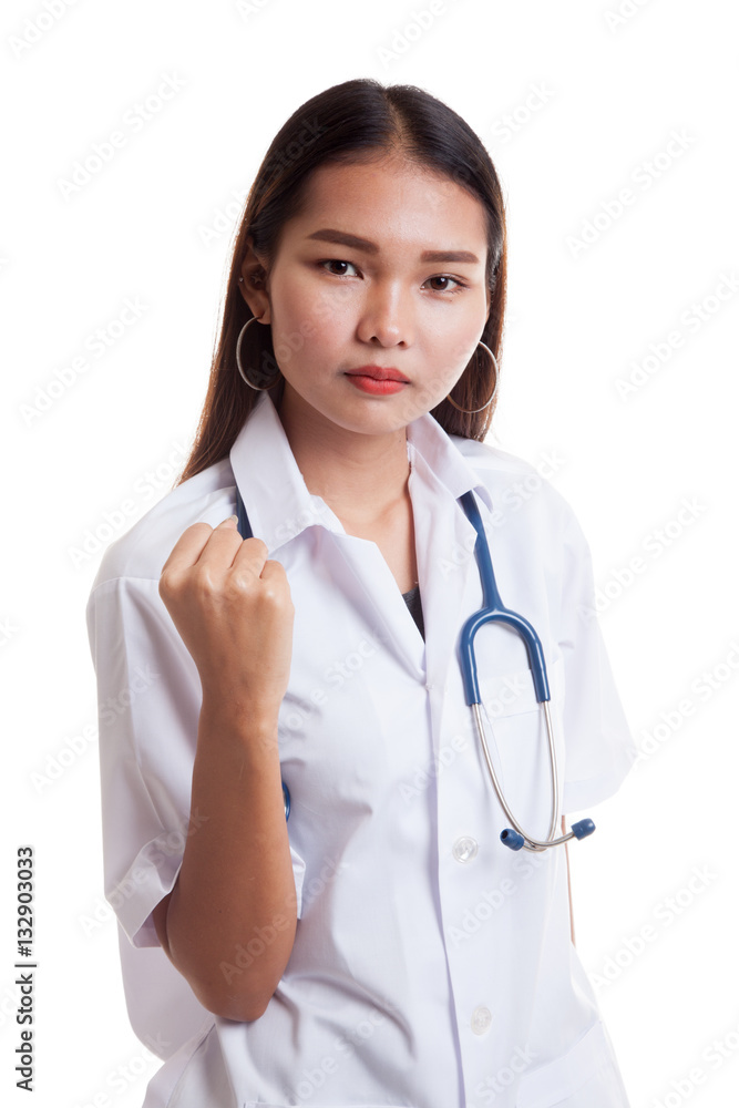 Portrait of confidence young female doctor hold fist. Portrait of confidence young female doctor hold fist.