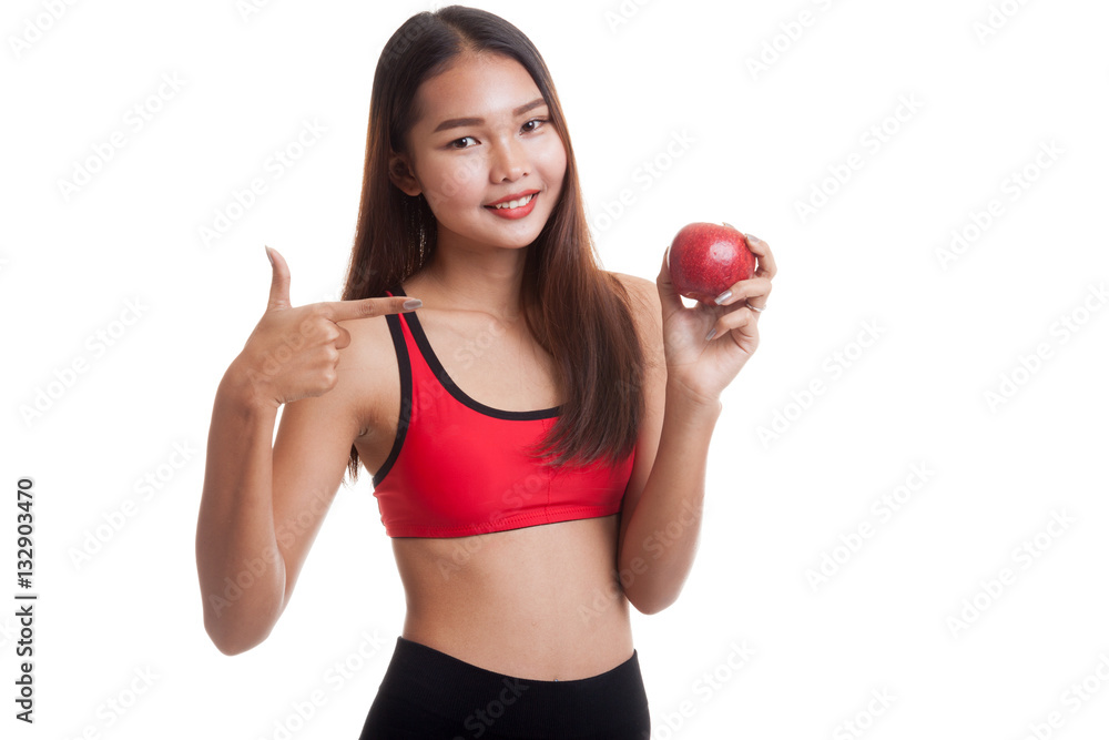 Beautiful Asian healthy girl point to apple. Beautiful Asian healthy girl point to apple.