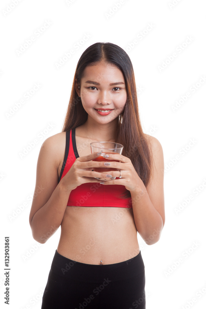 Beautiful healthy Asian girl with tomato juice. Beautiful healthy Asian girl with tomato juice.