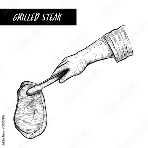 Cheff grill steak on white background.Steak sketch by hand drawing.