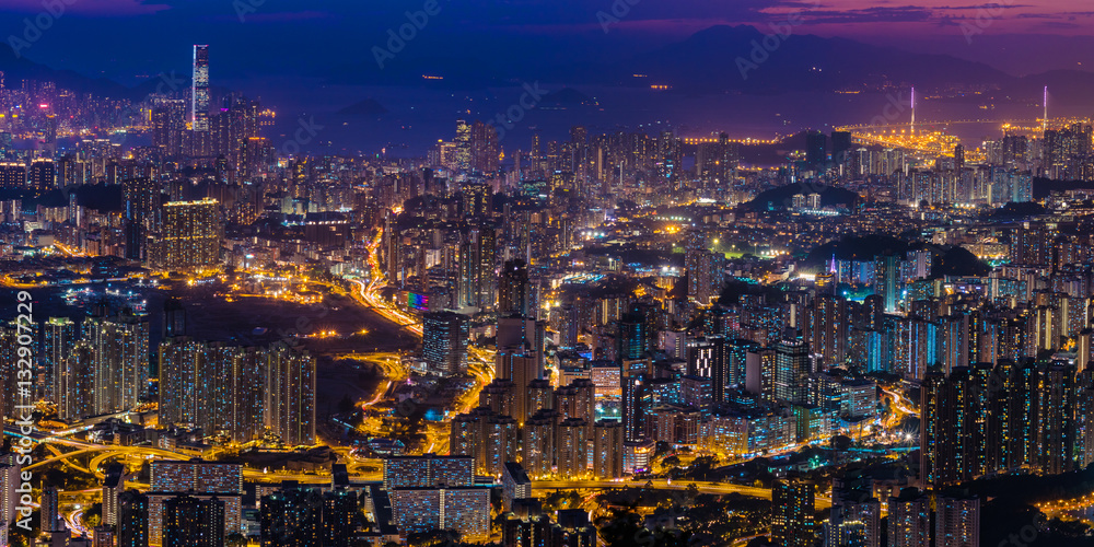 Panorama view after sunset on Kowloon Peak, Hong Kong