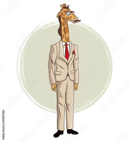 giraffe hipster style with beige suit red tie mustache and glasses vector illustration eps 10