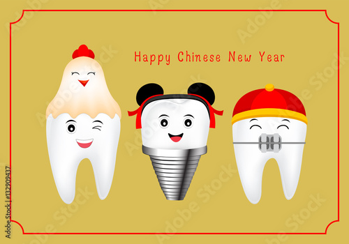 happy cute cartoon tooth with chicken and Chinese hat. Illustration isolated on gold background. great for celebrate Chinese New Year.