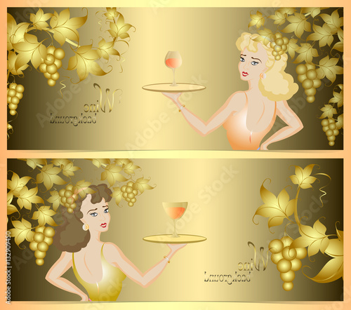 Double wine background with a golden bunch of grapes and waitress. EPS10 vector illustration
