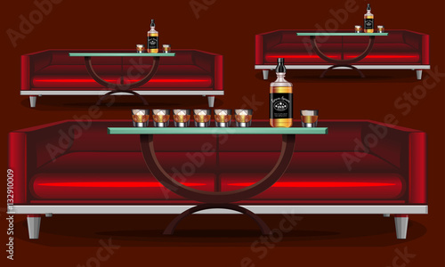 Interior bar, restaurant. Decorative red sofa. Restaurant, brasserie, pub, restaurant. Liquor cognac, brandy, whiskey. Interior pattern. Glass with ice. Vector illustration .