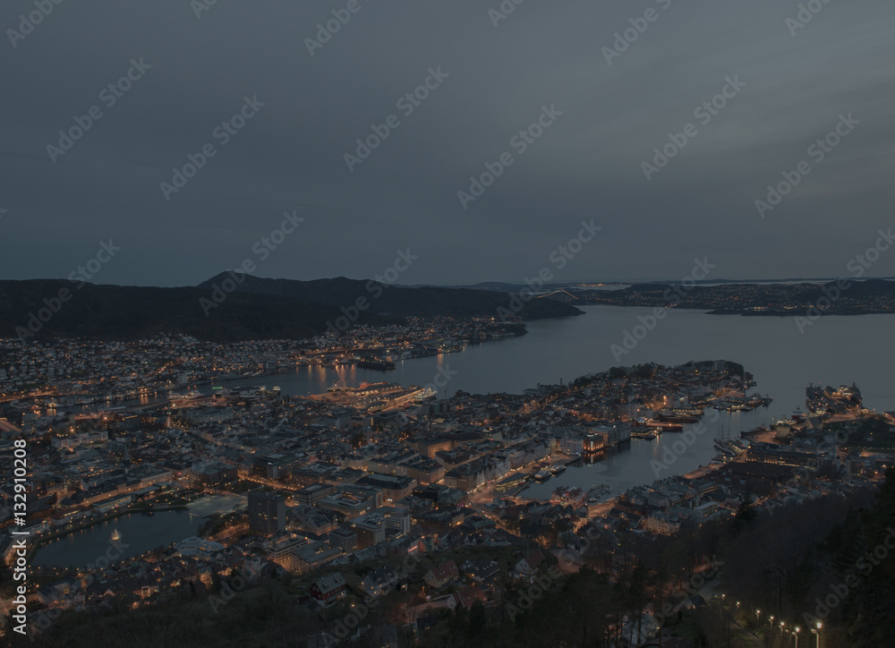 Aerial view of Bergen city before twilight time, Bergen, Norway