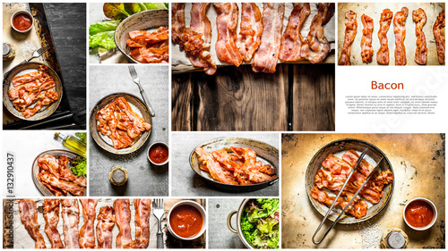 Food collage of fried bacon.