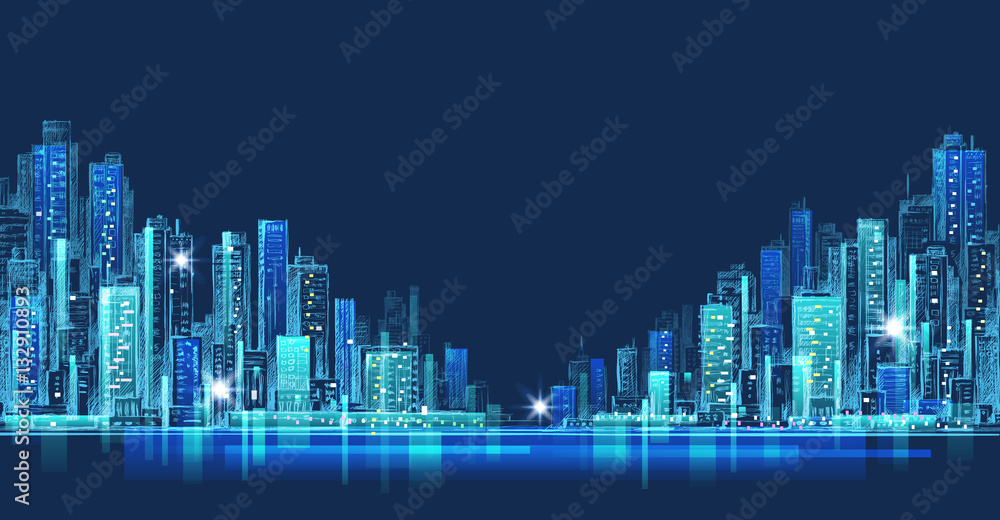 City skyline panorama at night, hand drawn cityscape, vector drawing architecture illustration