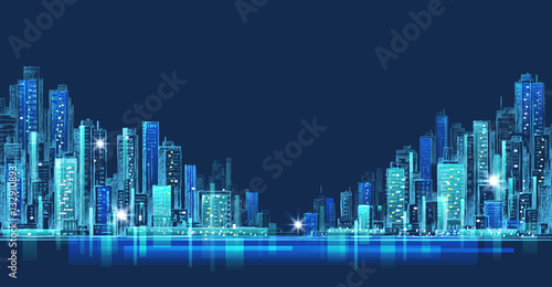 City skyline panorama at night  hand drawn cityscape  vector drawing architecture illustration