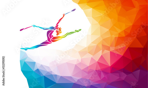Creative silhouette of gymnastic girl. Art gymnastics with clubs