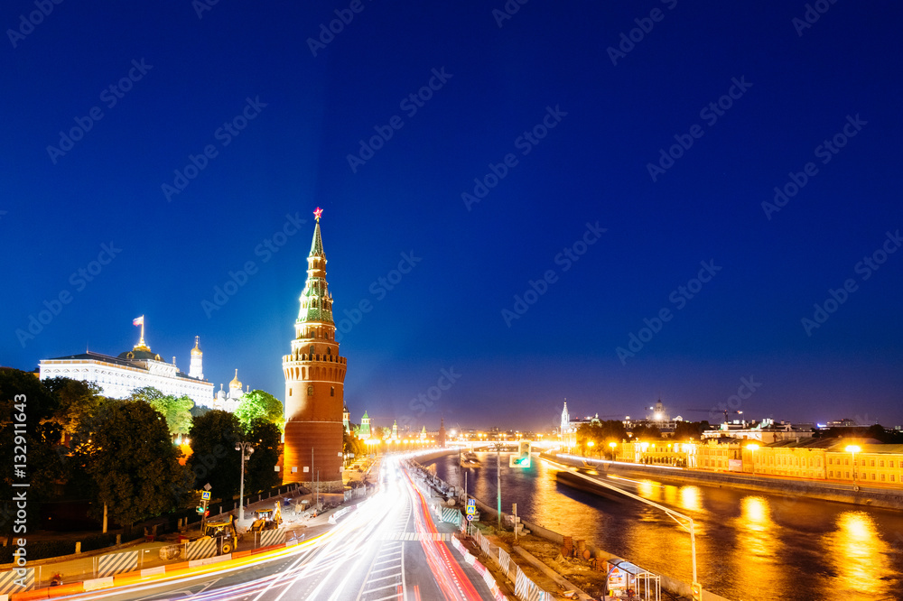 Kremlin Embankment at the blue hour with the car traffic on the