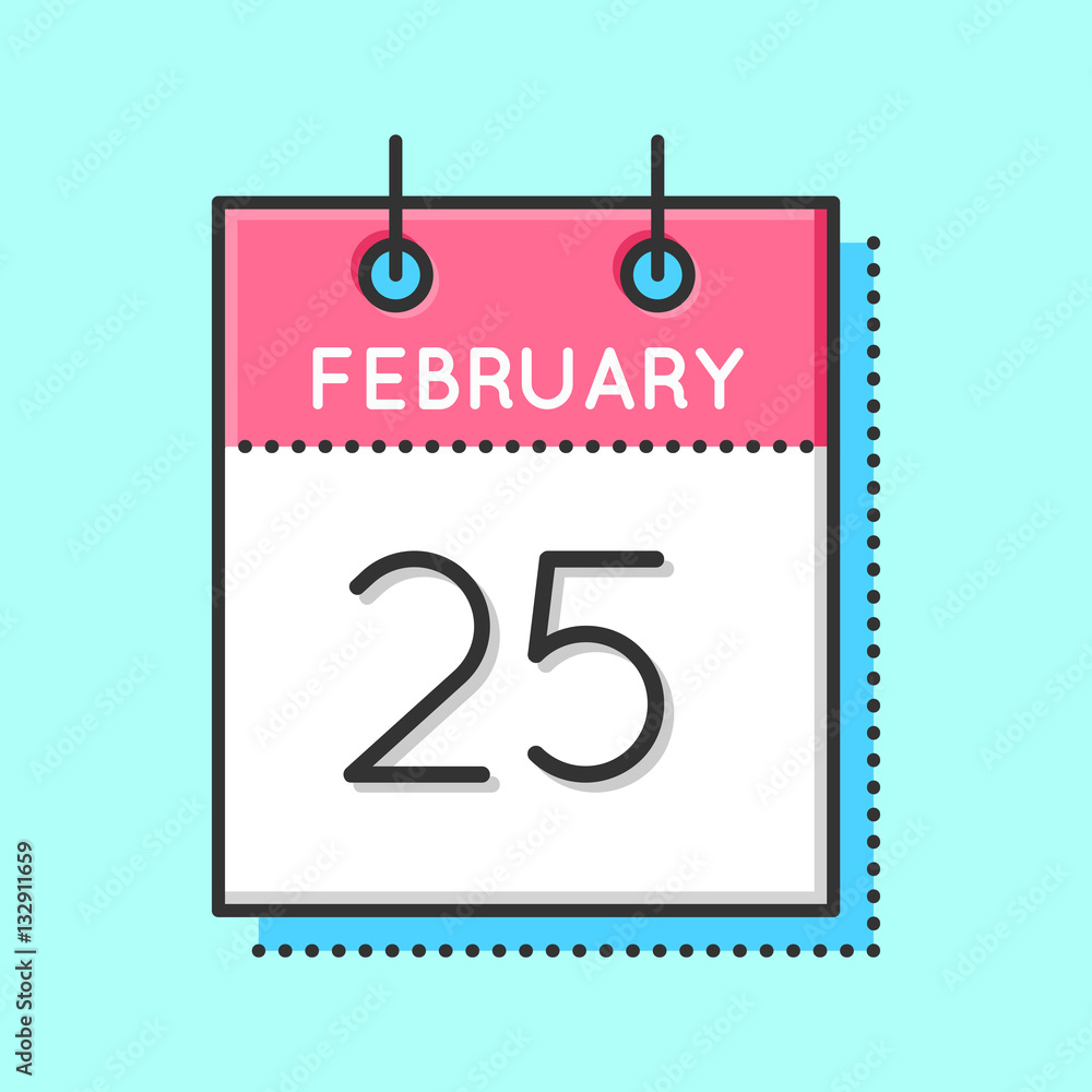 Vector Calendar Icon. Flat and thin line vector illustration. Calendar sheet on light blue background. February 25th Vector Calendar Icon. Flat and thin line vector illustration. Calendar sheet on light blue background. February 25th