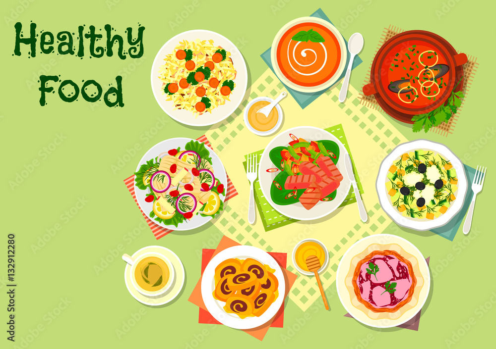 Meat and fish salads with tomato soups icon Meat and fish salads with tomato soups icon