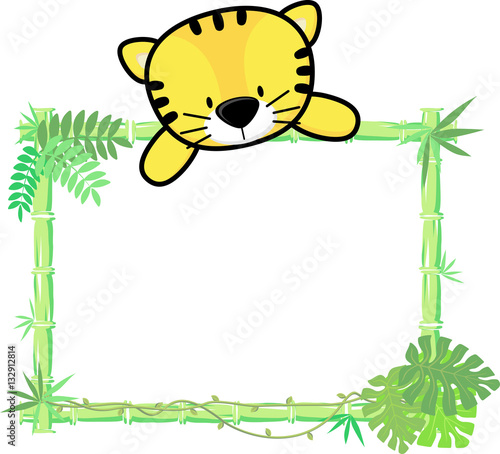 Fototapeta Naklejka Na Ścianę i Meble -  cute baby tiger on blank board with bamboo frame isolated on white background